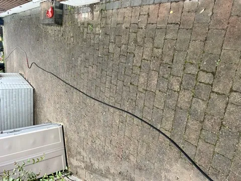 Block-paved side path before cleaning — moss and weeds in joints